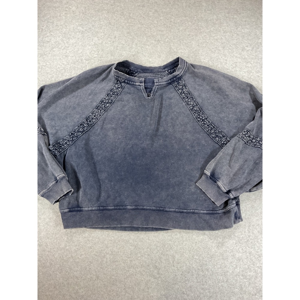 Aerie Blue Acid Wash Lace Trim Sweatshirt Notched Neck Pullover Women Sm 2818
